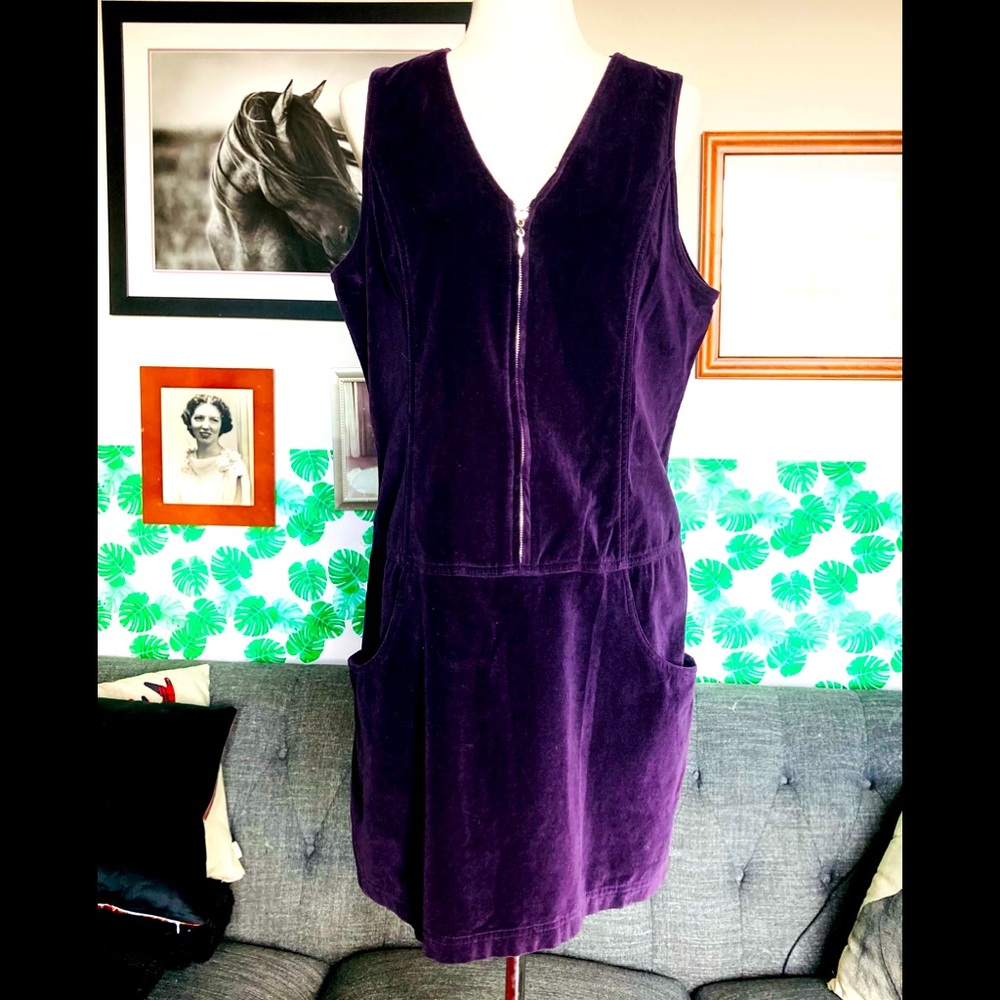 Vintage 90s Express Purple Velvet Overall Mini Dress